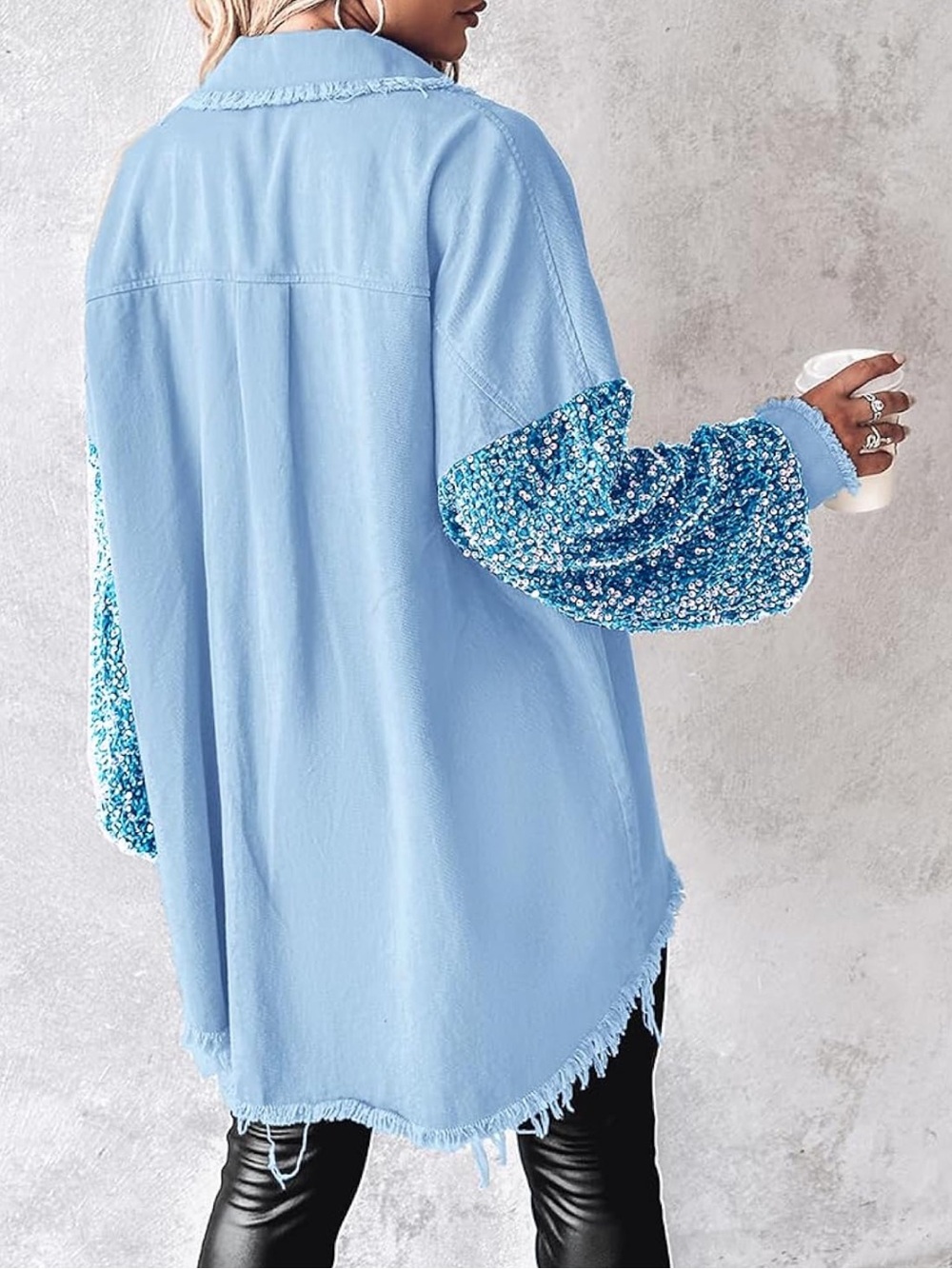 CHICME Oversized Sequin Denim Shacket Jacket Light Blue Raw Hem Button Front - Picture 2 of 10